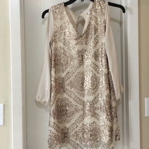 Ivory w/ Gold Sequin Evening Dress Size Small